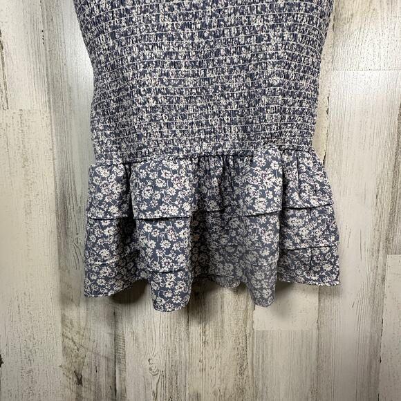 Mable Dusty Blue Floral Midi Dress M | Smocked Halter | Ruffle Hem | MSRP $90 - Picture 6 of 10